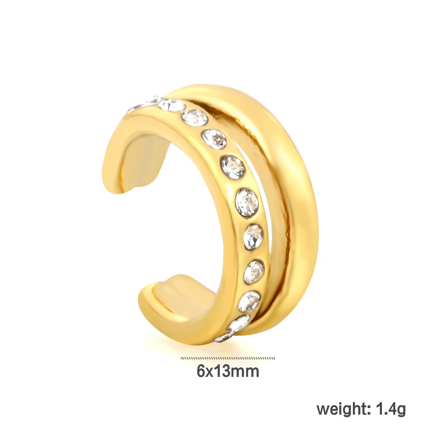 Dual Band Paved Crystal Non-Piercing Ear Cuff | 6×13mm Cartilage Wrap | 18K Gold Plated Stainless Steel Sparkly Ear Clip Bulk Retail Stock