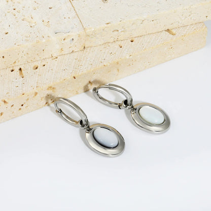 Oval White Mother Of Pearl Huggie Hoop Dangle Earrings | Tarnish Resistant Stainless Steel Minimalist Shell Drop Hoop Earrings | Wholesale MOQ 12