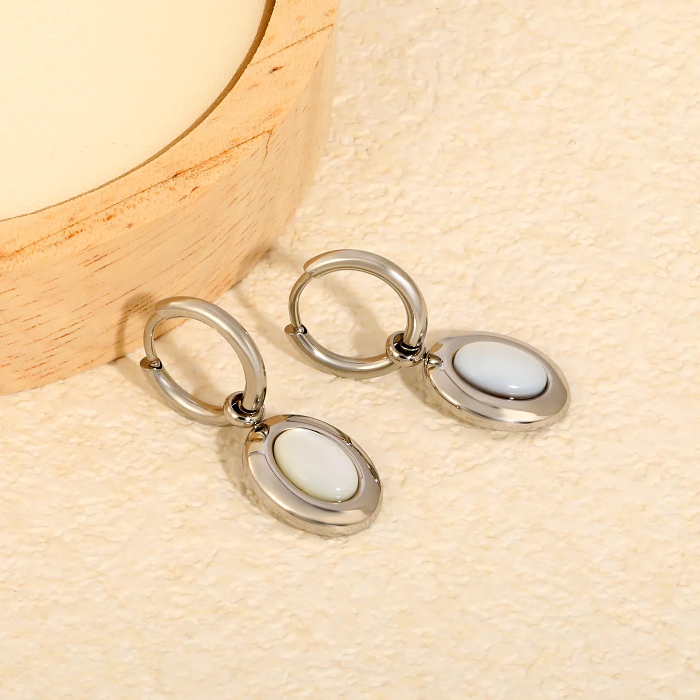 Oval White Mother Of Pearl Huggie Hoop Dangle Earrings | Tarnish Resistant Stainless Steel Minimalist Shell Drop Hoop Earrings | Wholesale MOQ 12