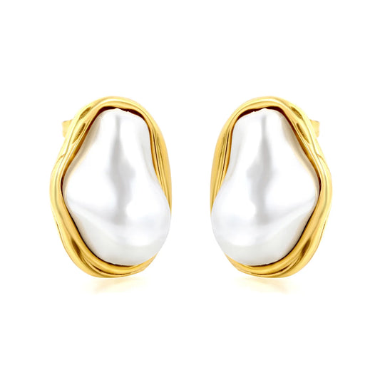 18K Gold Plated Baroque Pearl Wrapped Frame Stud Earrings | Stainless Steel Statement Pearl Stud Earrings | Wholesale MOQ 12