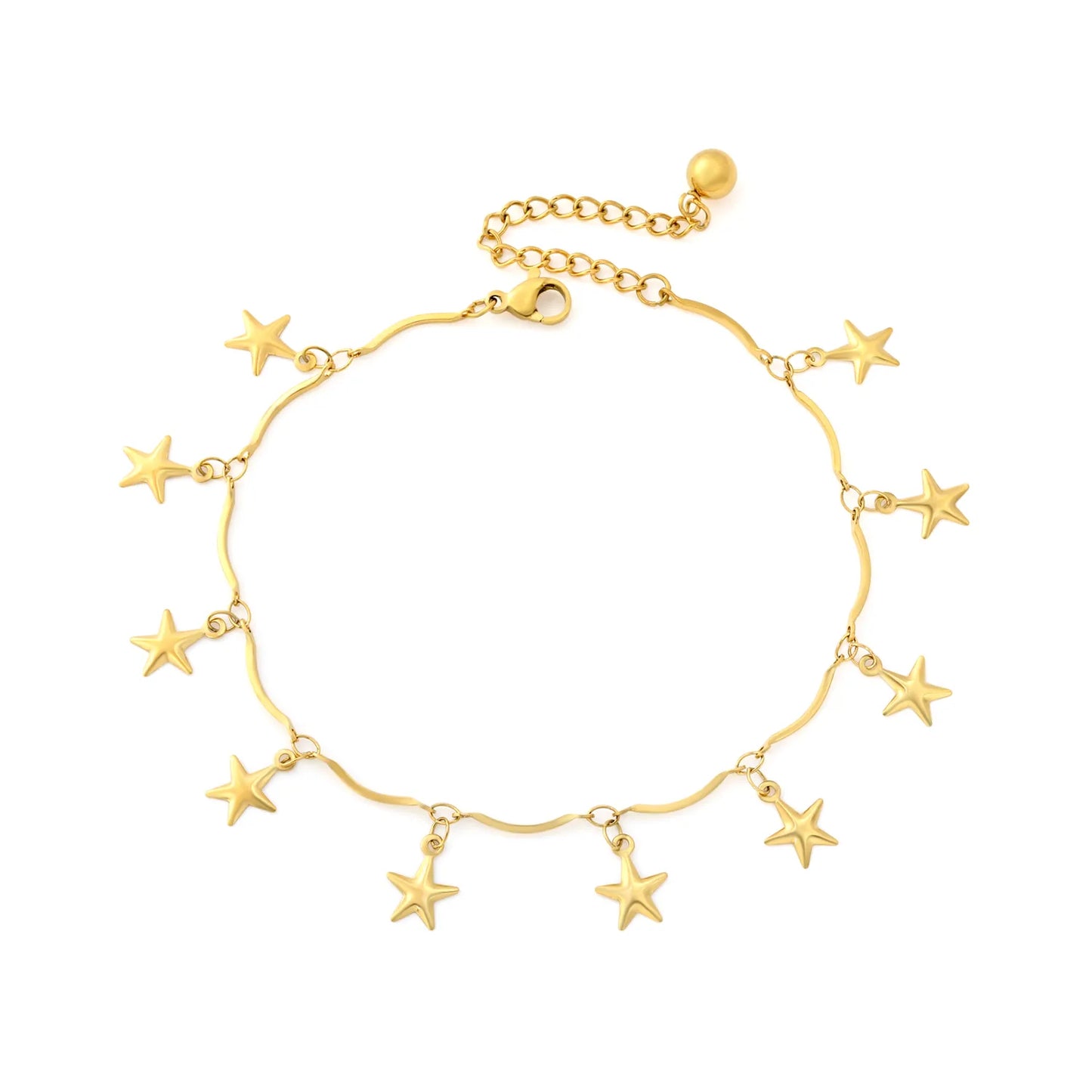 Dangling Star Charm Wavy Chain Anklet | Adjustable 20+5cm | 18K Gold Plated Hypoallergenic Stainless Steel Summer Beach Foot Chain Ankle Bracelet | Wholesale MOQ 12