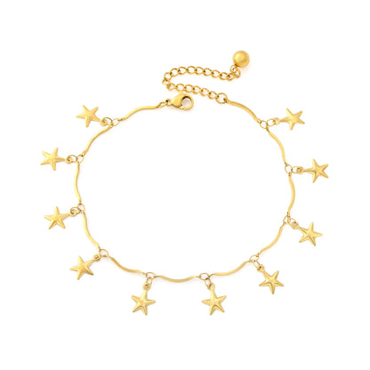 Dangling Star Charm Wavy Chain Anklet | Adjustable 20+5cm | 18K Gold Plated Hypoallergenic Stainless Steel Summer Beach Foot Chain Ankle Bracelet | Wholesale MOQ 12