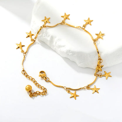 Dangling Star Charm Wavy Chain Anklet | Adjustable 20+5cm | 18K Gold Plated Hypoallergenic Stainless Steel Summer Beach Foot Chain Ankle Bracelet | Wholesale MOQ 12