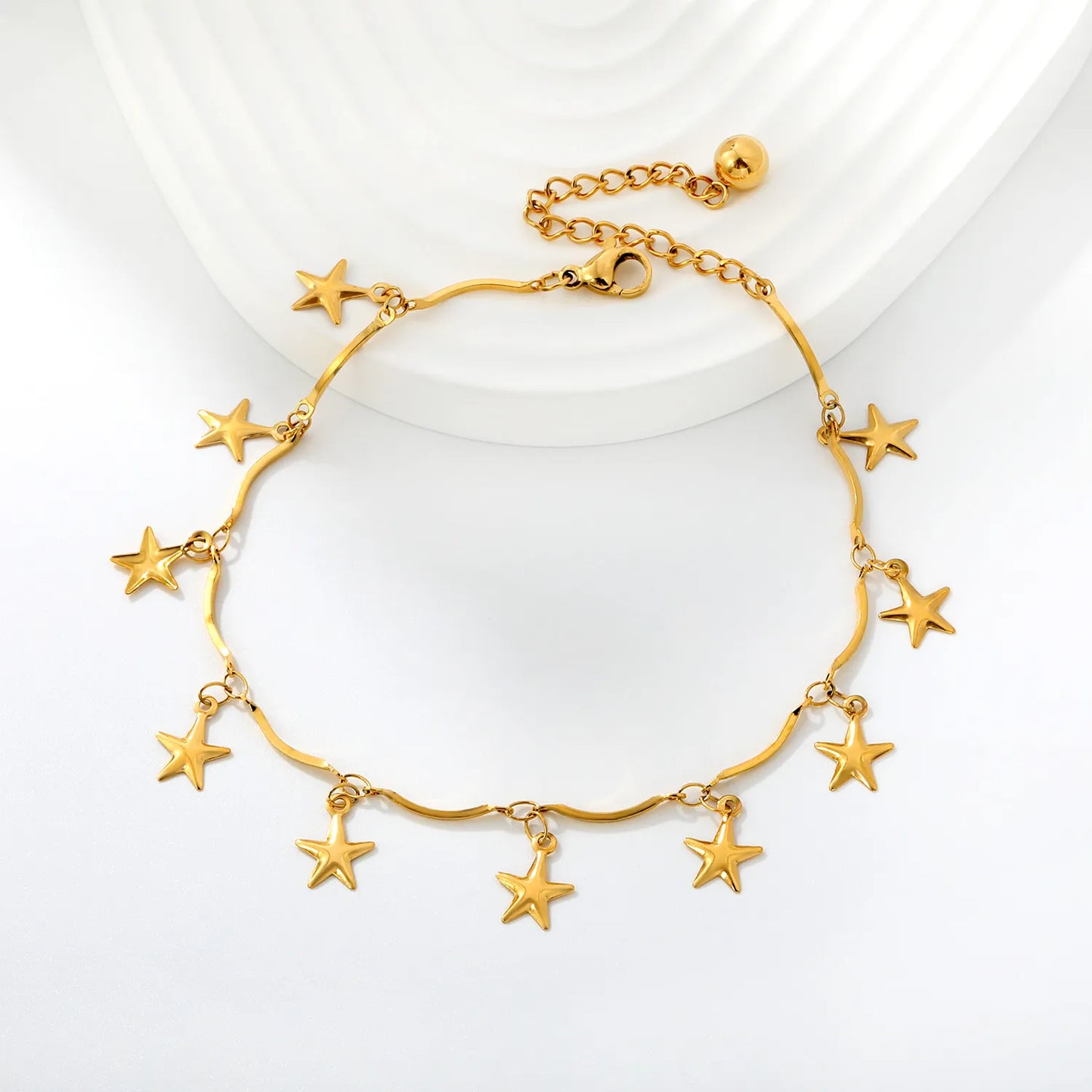 Dangling Star Charm Wavy Chain Anklet | Adjustable 20+5cm | 18K Gold Plated Hypoallergenic Stainless Steel Summer Beach Foot Chain Ankle Bracelet | Wholesale MOQ 12