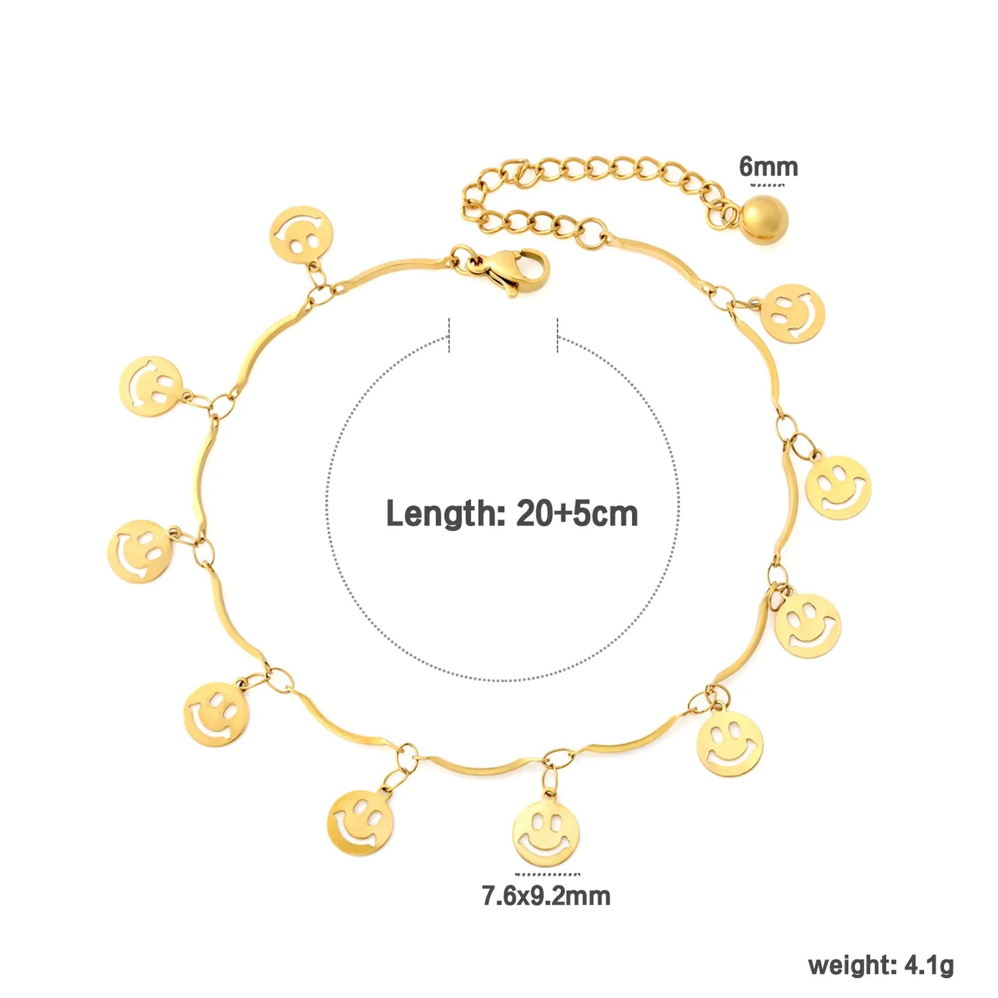 Adjustable Dainty Hollow Smiley Face Dangle Wavy Chain Anklet | 18K Gold Plated Stainless Steel | Wholesale MOQ 12