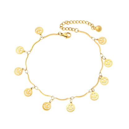 Adjustable Dainty Hollow Smiley Face Dangle Wavy Chain Anklet | 18K Gold Plated Stainless Steel | Wholesale MOQ 12