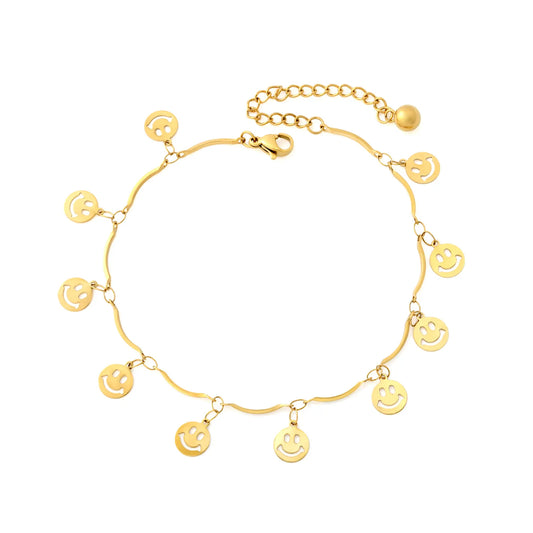 Adjustable Dainty Hollow Smiley Face Dangle Wavy Chain Anklet | 18K Gold Plated Stainless Steel | Wholesale MOQ 12