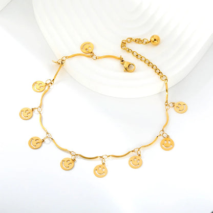 Adjustable Dainty Hollow Smiley Face Dangle Wavy Chain Anklet | 18K Gold Plated Stainless Steel | Wholesale MOQ 12