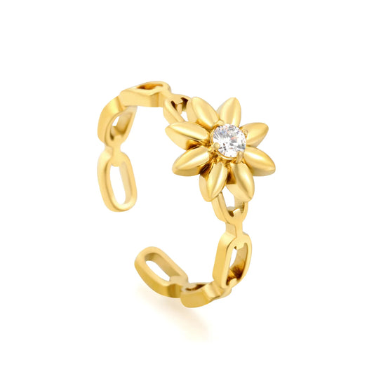 Sunflower CZ Open Chain Link Adjustable Open Ring | Size 7 | 18K Gold Plated Hypoallergenic Stainless Steel Stackable Finger Ring | Wholesale MOQ 12