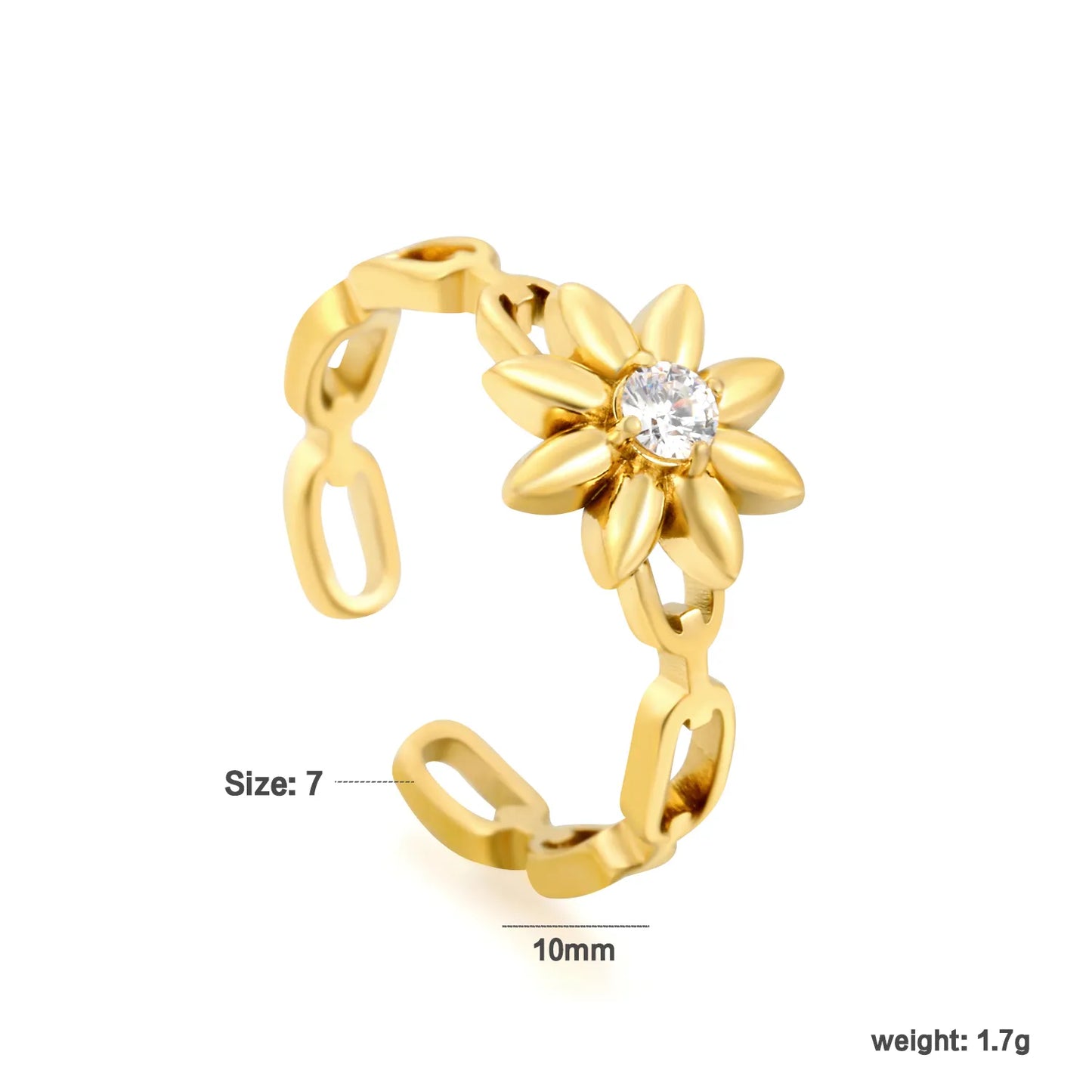 Sunflower CZ Open Chain Link Adjustable Open Ring | Size 7 | 18K Gold Plated Hypoallergenic Stainless Steel Stackable Finger Ring | Wholesale MOQ 12