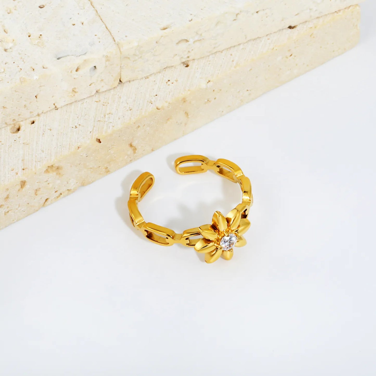 Sunflower CZ Open Chain Link Adjustable Open Ring | Size 7 | 18K Gold Plated Hypoallergenic Stainless Steel Stackable Finger Ring | Wholesale MOQ 12