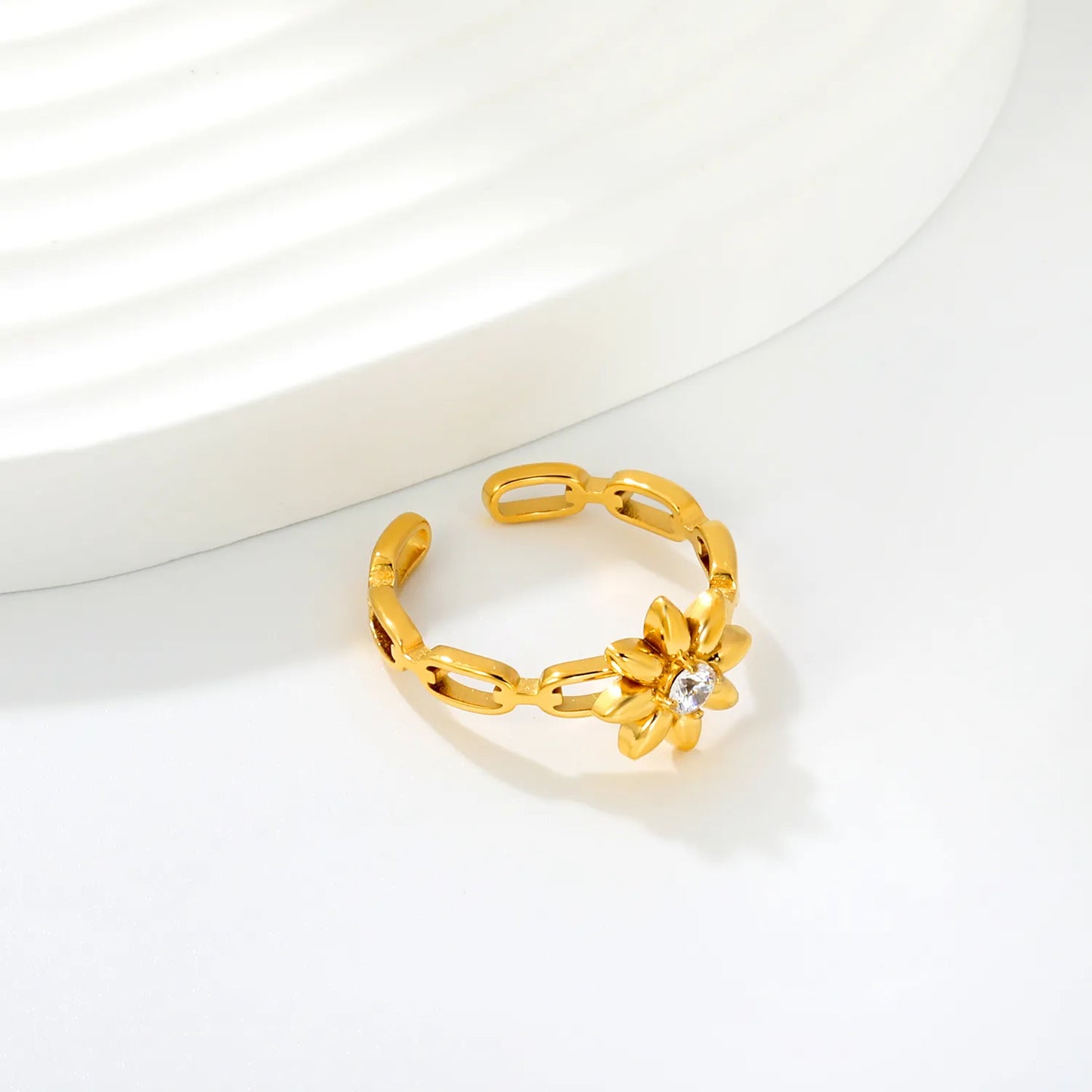 Sunflower CZ Open Chain Link Adjustable Open Ring | Size 7 | 18K Gold Plated Hypoallergenic Stainless Steel Stackable Finger Ring | Wholesale MOQ 12