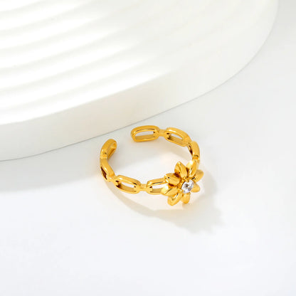 Sunflower CZ Open Chain Link Adjustable Open Ring | Size 7 | 18K Gold Plated Hypoallergenic Stainless Steel Stackable Finger Ring | Wholesale MOQ 12
