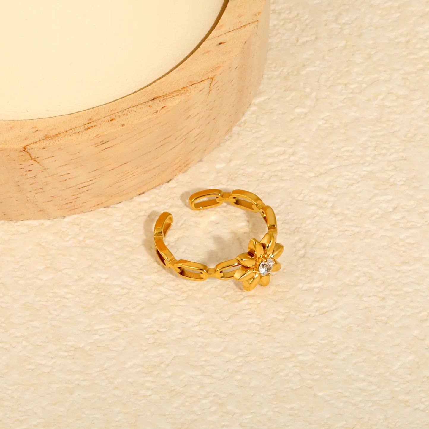 Sunflower CZ Open Chain Link Adjustable Open Ring | Size 7 | 18K Gold Plated Hypoallergenic Stainless Steel Stackable Finger Ring | Wholesale MOQ 12