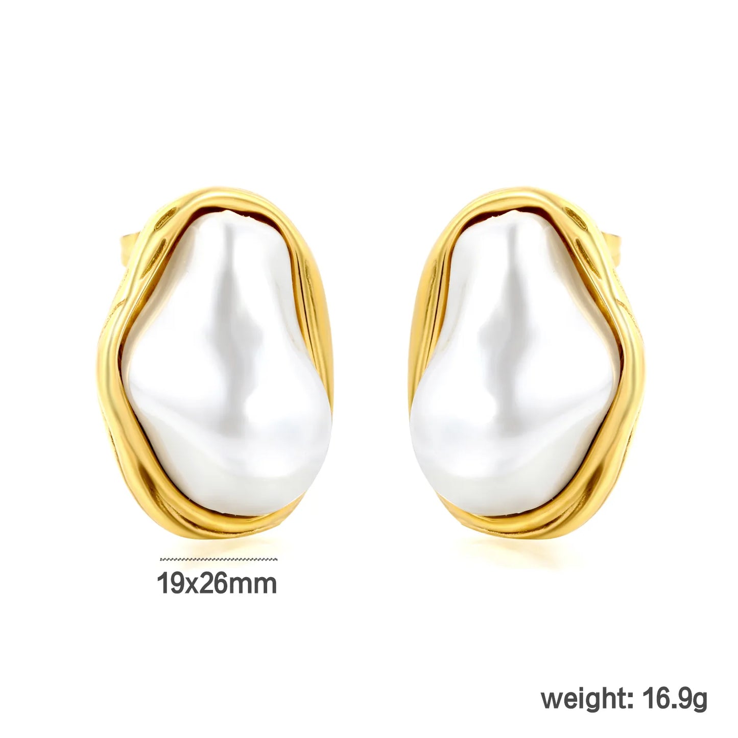 18K Gold Plated Baroque Pearl Wrapped Frame Stud Earrings | Stainless Steel Statement Pearl Stud Earrings | Wholesale MOQ 12