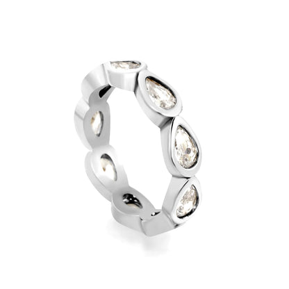Pear Cut CZ Hollow Eternity Band Ring | Silver & Gold | US Sizes 6/7/8 | 4.6mm Width | Hypoallergenic Stainless Steel Water Drop Crystal Ring | Wholesale MOQ 12