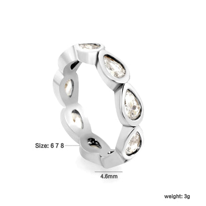 Pear Cut CZ Hollow Eternity Band Ring | Silver & Gold | US Sizes 6/7/8 | 4.6mm Width | Hypoallergenic Stainless Steel Water Drop Crystal Ring | Wholesale MOQ 12