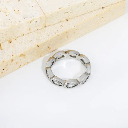 Pear Cut CZ Hollow Eternity Band Ring | Silver & Gold | US Sizes 6/7/8 | 4.6mm Width | Hypoallergenic Stainless Steel Water Drop Crystal Ring | Wholesale MOQ 12