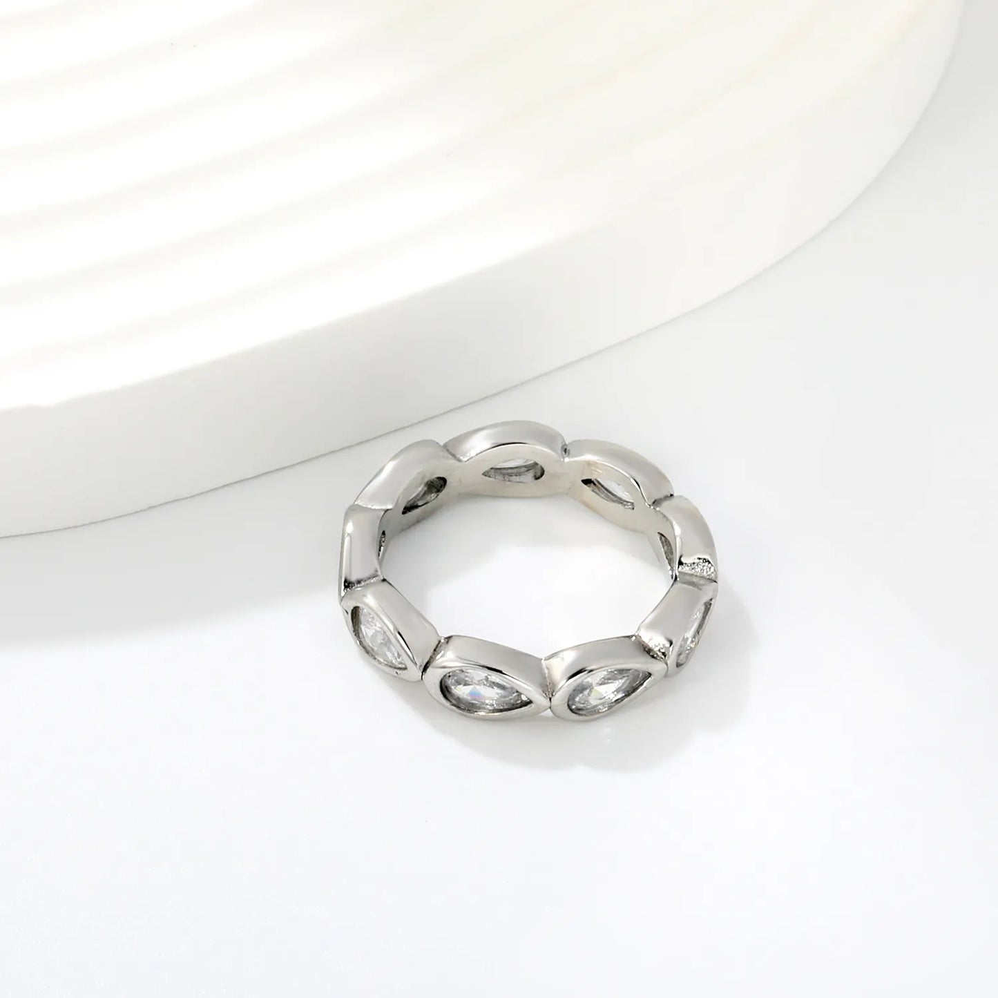 Pear Cut CZ Hollow Eternity Band Ring | Silver & Gold | US Sizes 6/7/8 | 4.6mm Width | Hypoallergenic Stainless Steel Water Drop Crystal Ring | Wholesale MOQ 12