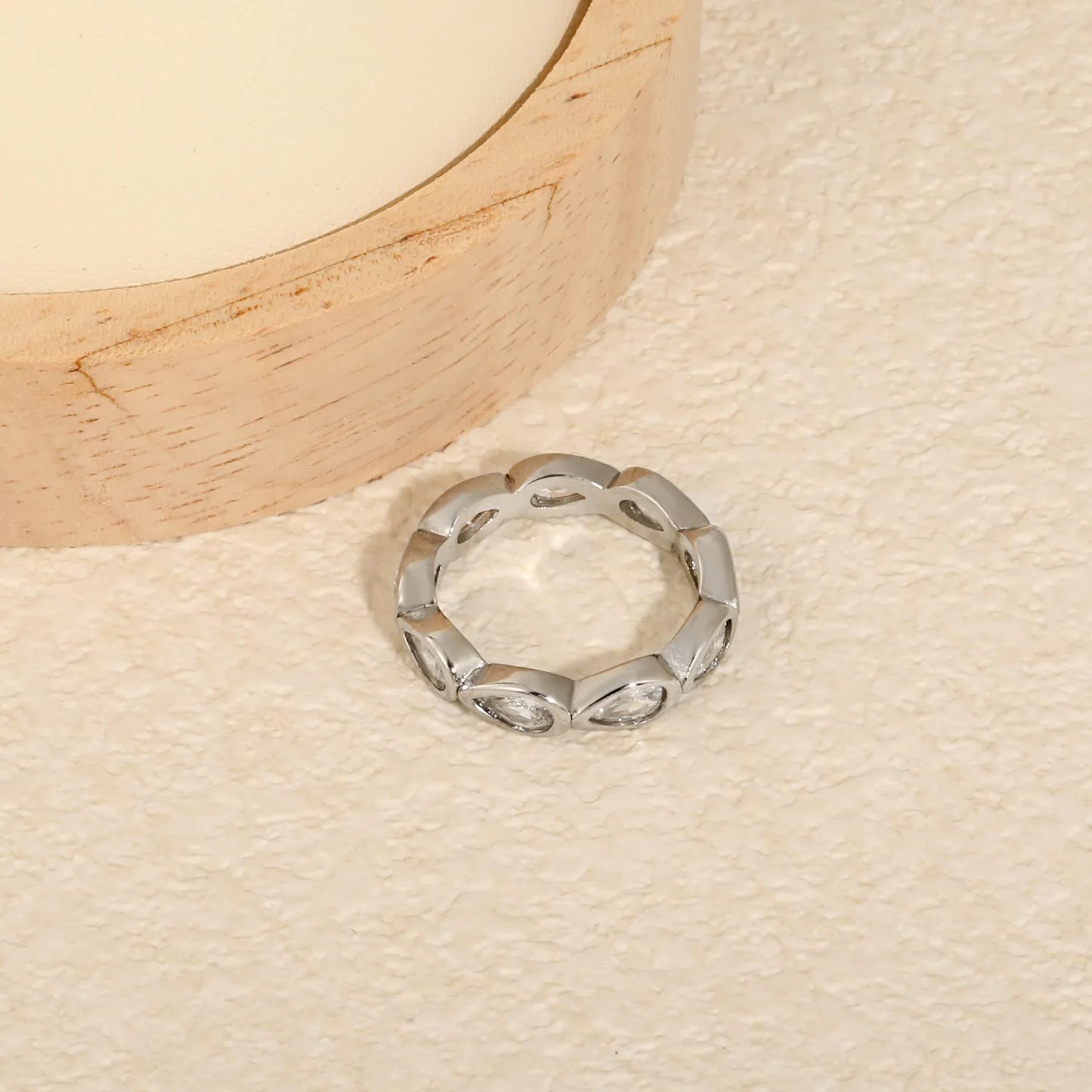 Pear Cut CZ Hollow Eternity Band Ring | Silver & Gold | US Sizes 6/7/8 | 4.6mm Width | Hypoallergenic Stainless Steel Water Drop Crystal Ring | Wholesale MOQ 12