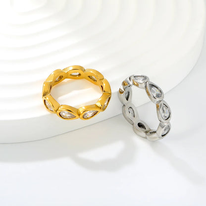 Pear Cut CZ Hollow Eternity Band Ring | Silver & Gold | US Sizes 6/7/8 | 4.6mm Width | Hypoallergenic Stainless Steel Water Drop Crystal Ring | Wholesale MOQ 12