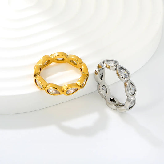 Pear Cut CZ Hollow Eternity Band Ring | Silver & Gold | US Sizes 6/7/8 | 4.6mm Width | Hypoallergenic Stainless Steel Water Drop Crystal Ring | Wholesale MOQ 12