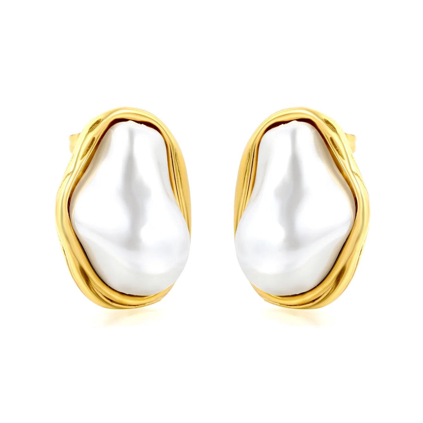 18K Gold Plated Baroque Pearl Wrapped Frame Stud Earrings | Stainless Steel Statement Pearl Stud Earrings | Wholesale MOQ 12