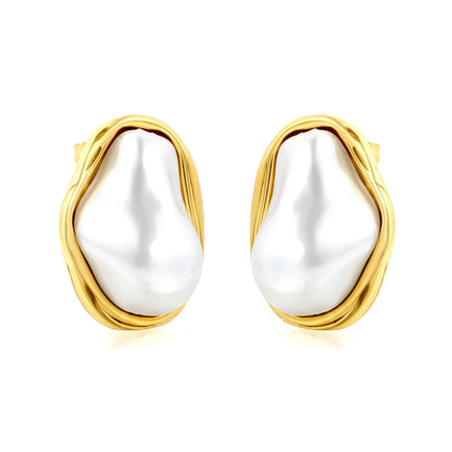 18K Gold Plated Baroque Pearl Wrapped Frame Stud Earrings | Stainless Steel Statement Pearl Stud Earrings | Wholesale MOQ 12