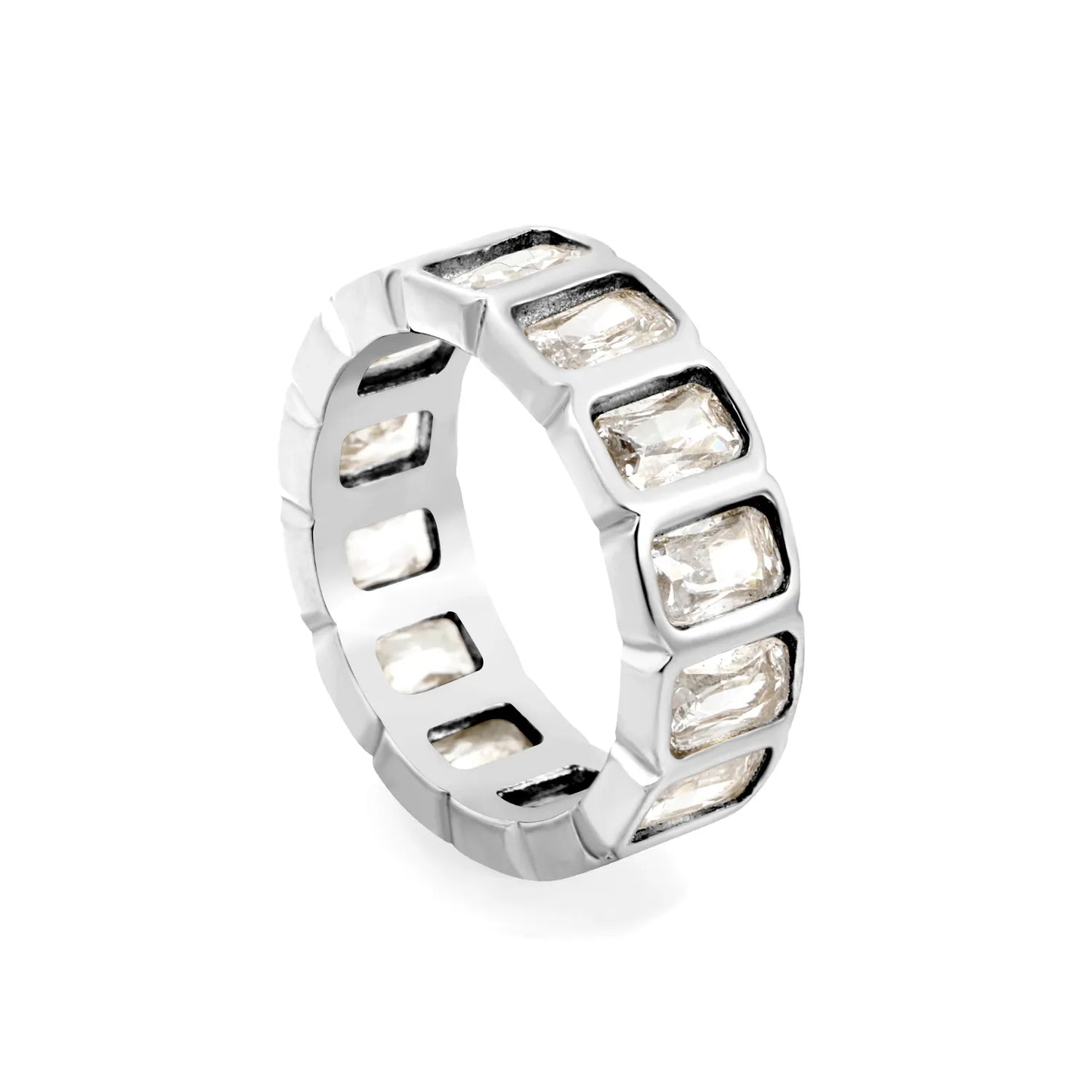 Rectangular Baguette CZ Hollow Eternity Band Ring | Silver & Gold | US Sizes 6/7/8 | 6.7mm Width | Tarnish Resistant Stainless Steel Ring | Wholesale MOQ 12