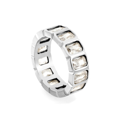 Rectangular Baguette CZ Hollow Eternity Band Ring | Silver & Gold | US Sizes 6/7/8 | 6.7mm Width | Tarnish Resistant Stainless Steel Ring | Wholesale MOQ 12