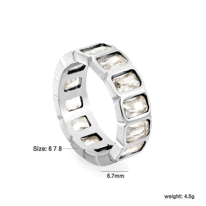 Rectangular Baguette CZ Hollow Eternity Band Ring | Silver & Gold | US Sizes 6/7/8 | 6.7mm Width | Tarnish Resistant Stainless Steel Ring | Wholesale MOQ 12