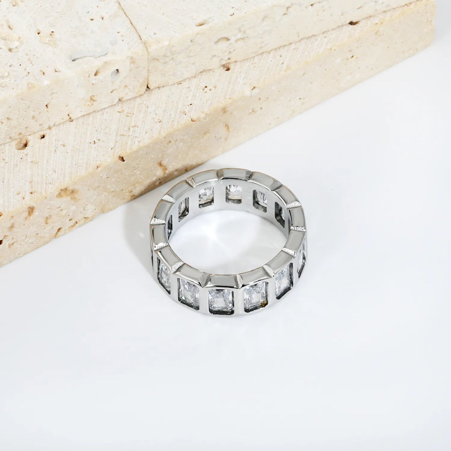 Rectangular Baguette CZ Hollow Eternity Band Ring | Silver & Gold | US Sizes 6/7/8 | 6.7mm Width | Tarnish Resistant Stainless Steel Ring | Wholesale MOQ 12