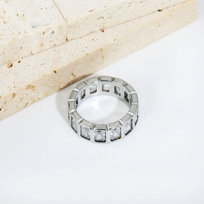 Rectangular Baguette CZ Hollow Eternity Band Ring | Silver & Gold | US Sizes 6/7/8 | 6.7mm Width | Tarnish Resistant Stainless Steel Ring | Wholesale MOQ 12