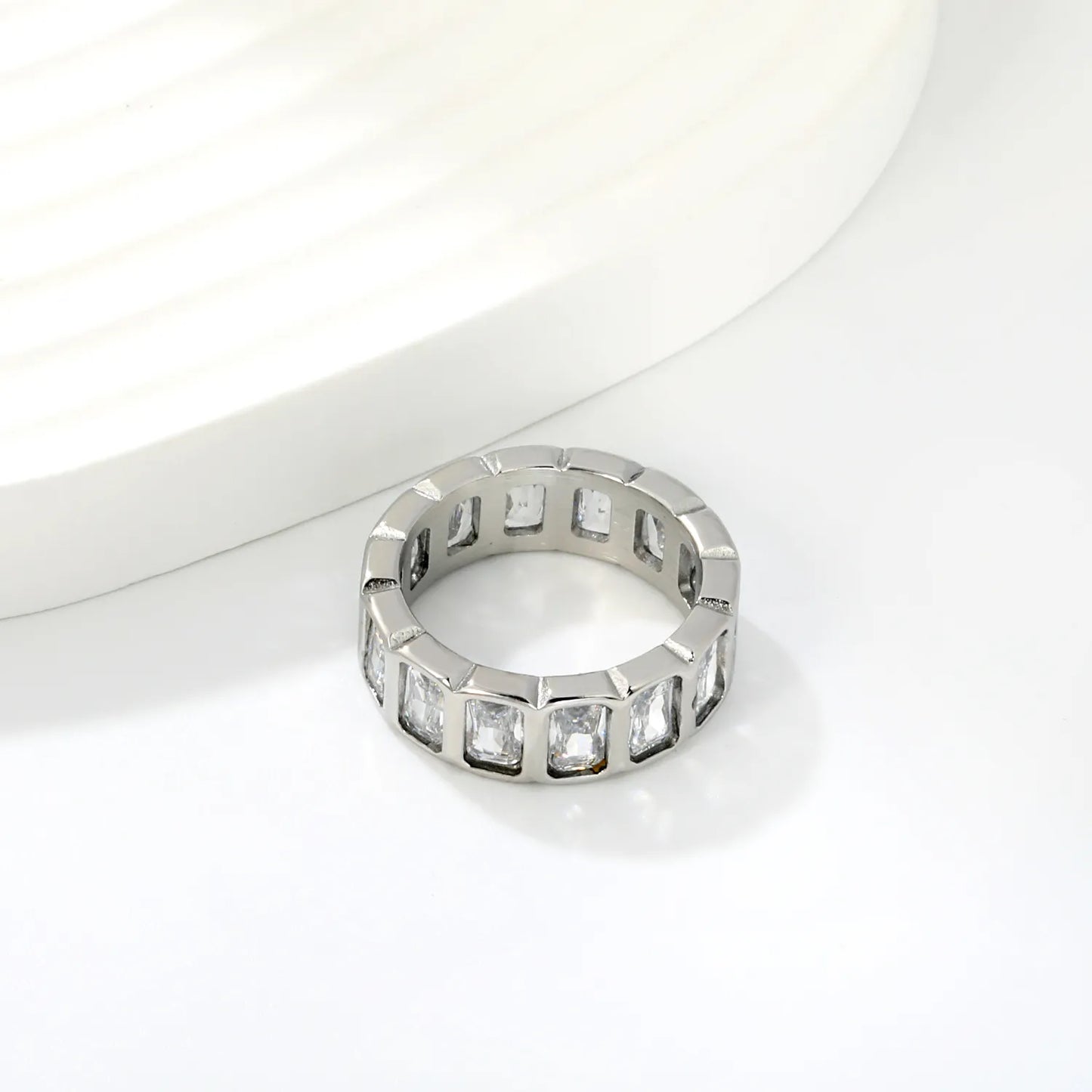 Rectangular Baguette CZ Hollow Eternity Band Ring | Silver & Gold | US Sizes 6/7/8 | 6.7mm Width | Tarnish Resistant Stainless Steel Ring | Wholesale MOQ 12
