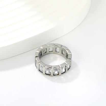 Rectangular Baguette CZ Hollow Eternity Band Ring | Silver & Gold | US Sizes 6/7/8 | 6.7mm Width | Tarnish Resistant Stainless Steel Ring | Wholesale MOQ 12