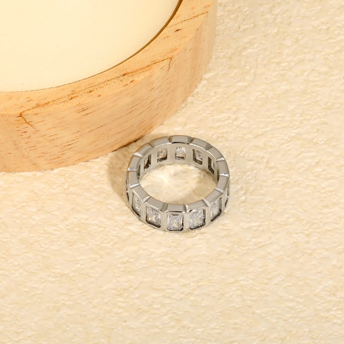 Rectangular Baguette CZ Hollow Eternity Band Ring | Silver & Gold | US Sizes 6/7/8 | 6.7mm Width | Tarnish Resistant Stainless Steel Ring | Wholesale MOQ 12