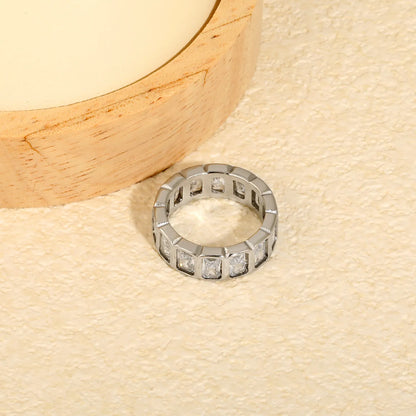 Rectangular Baguette CZ Hollow Eternity Band Ring | Silver & Gold | US Sizes 6/7/8 | 6.7mm Width | Tarnish Resistant Stainless Steel Ring | Wholesale MOQ 12