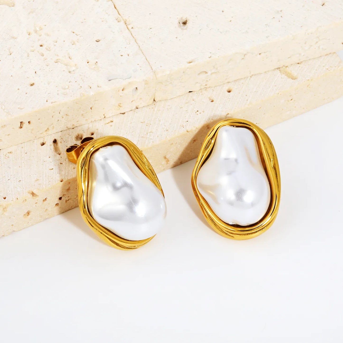 18K Gold Plated Baroque Pearl Wrapped Frame Stud Earrings | Stainless Steel Statement Pearl Stud Earrings | Wholesale MOQ 12