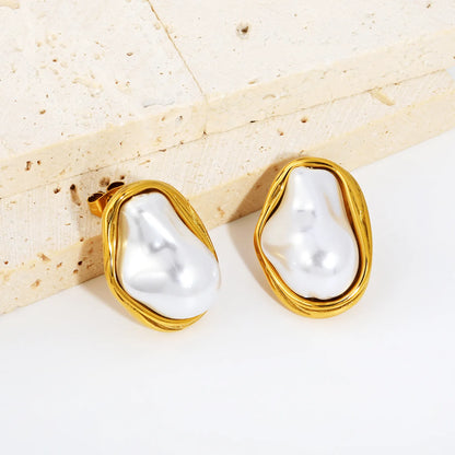 18K Gold Plated Baroque Pearl Wrapped Frame Stud Earrings | Stainless Steel Statement Pearl Stud Earrings | Wholesale MOQ 12