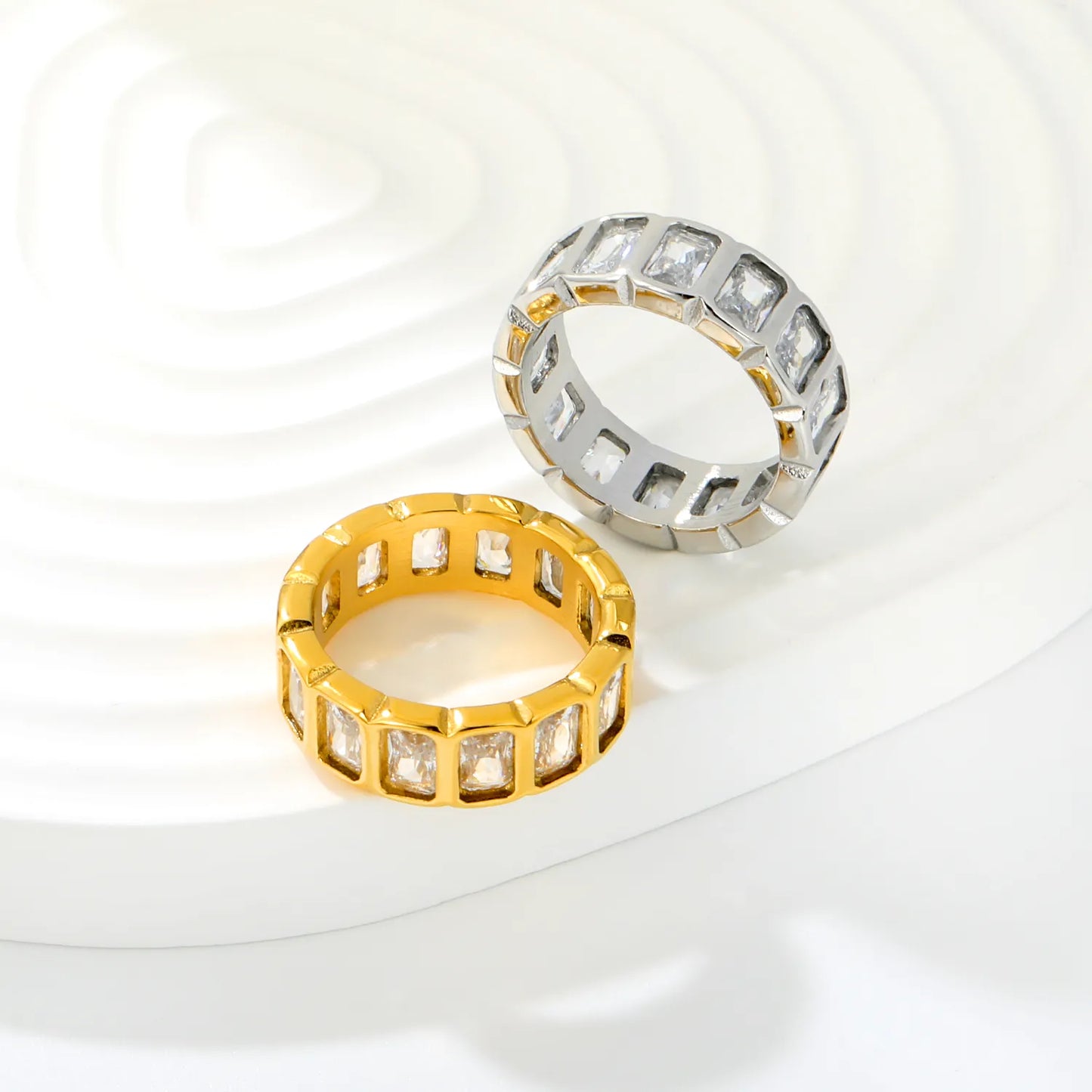 Rectangular Baguette CZ Hollow Eternity Band Ring | Silver & Gold | US Sizes 6/7/8 | 6.7mm Width | Tarnish Resistant Stainless Steel Ring | Wholesale MOQ 12