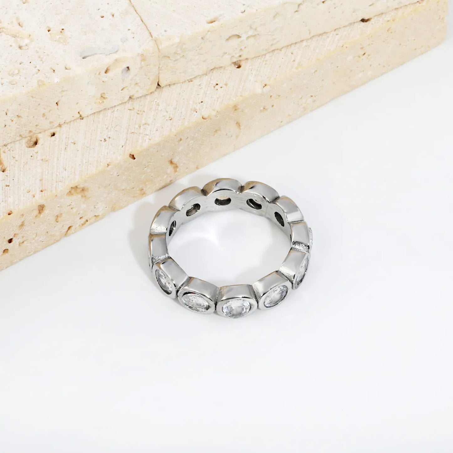 Oval CZ Hollow Eternity Stacking Band Ring 2 Colors Option | US Sizes 6/7/8 | 5mm Width | Anti-Tarnish Stainless Steel Full Circle Crystal Finger Ring | Wholesale MOQ 12