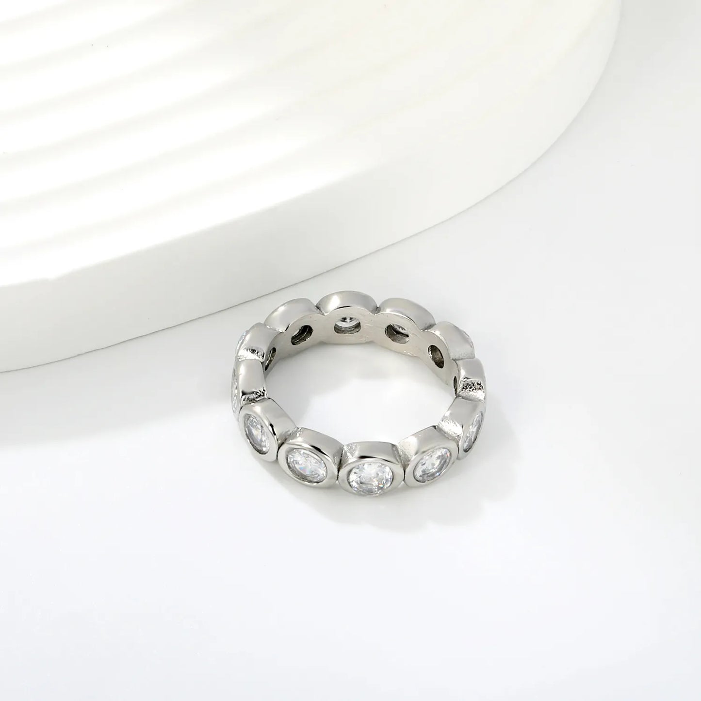 Oval CZ Hollow Eternity Stacking Band Ring 2 Colors Option | US Sizes 6/7/8 | 5mm Width | Anti-Tarnish Stainless Steel Full Circle Crystal Finger Ring | Wholesale MOQ 12