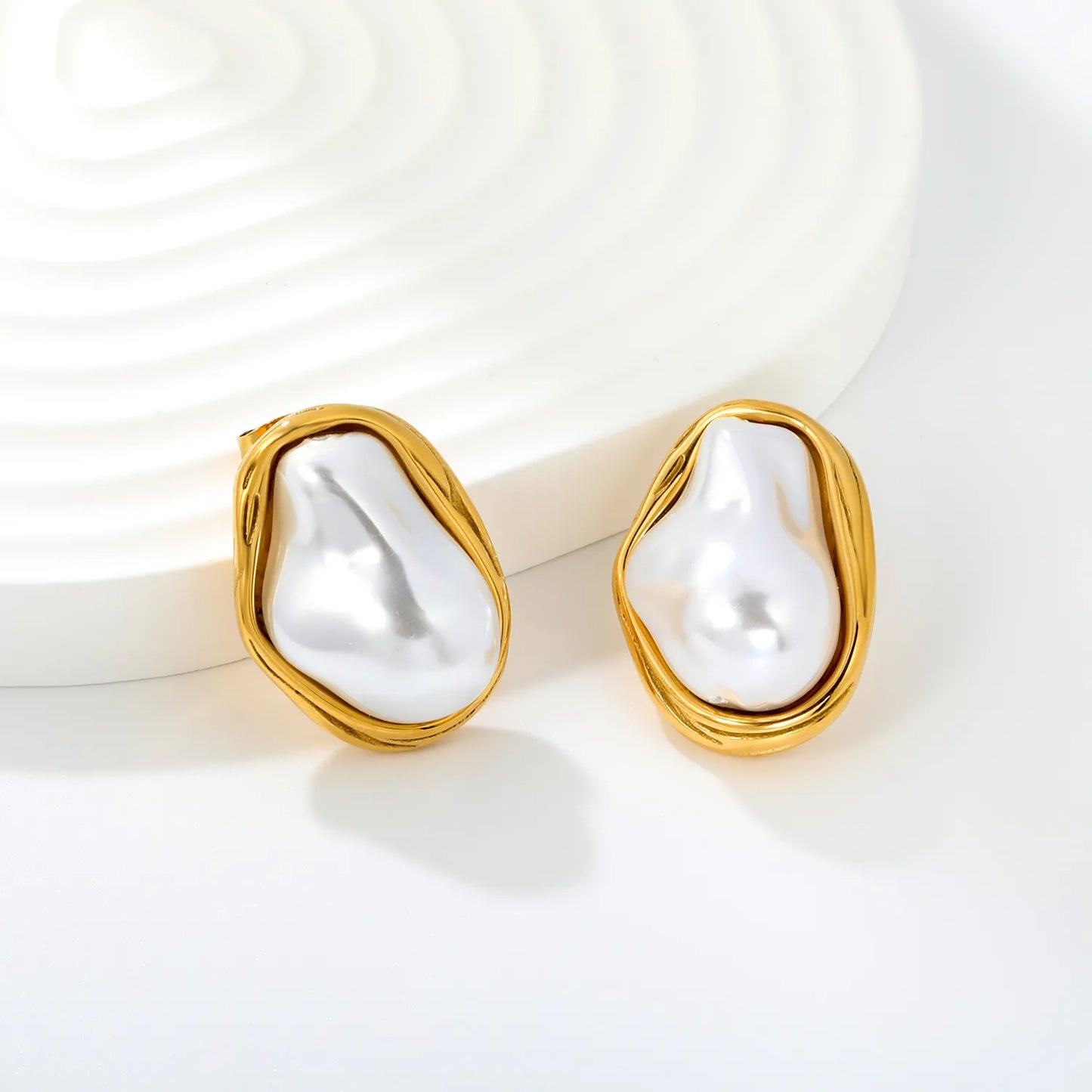 18K Gold Plated Baroque Pearl Wrapped Frame Stud Earrings | Stainless Steel Statement Pearl Stud Earrings | Wholesale MOQ 12