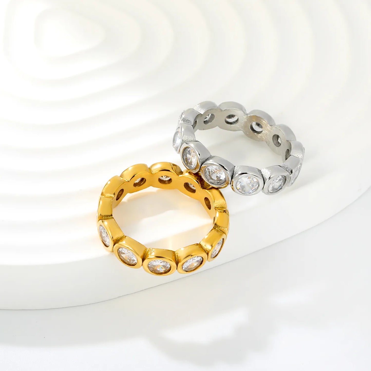 Oval CZ Hollow Eternity Stacking Band Ring 2 Colors Option | US Sizes 6/7/8 | 5mm Width | Anti-Tarnish Stainless Steel Full Circle Crystal Finger Ring | Wholesale MOQ 12