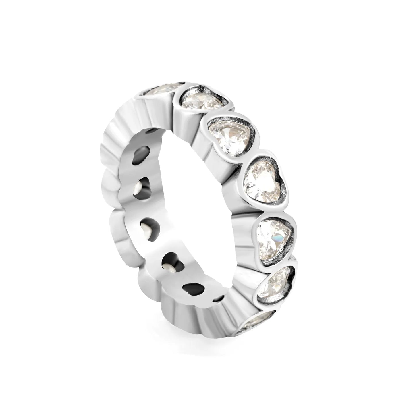 Full Eternity Heart Cut CZ Band Ring | 2 Finishes Gold & Silver | Sizes 6/7/8 | 5mm Width | Hypoallergenic Stainless Steel Ring | Wholesale MOQ 12