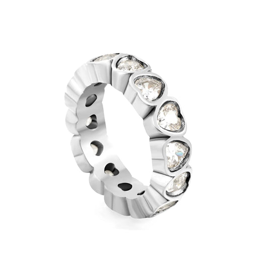 Full Eternity Heart Cut CZ Band Ring | 2 Finishes Gold & Silver | Sizes 6/7/8 | 5mm Width | Hypoallergenic Stainless Steel Ring | Wholesale MOQ 12