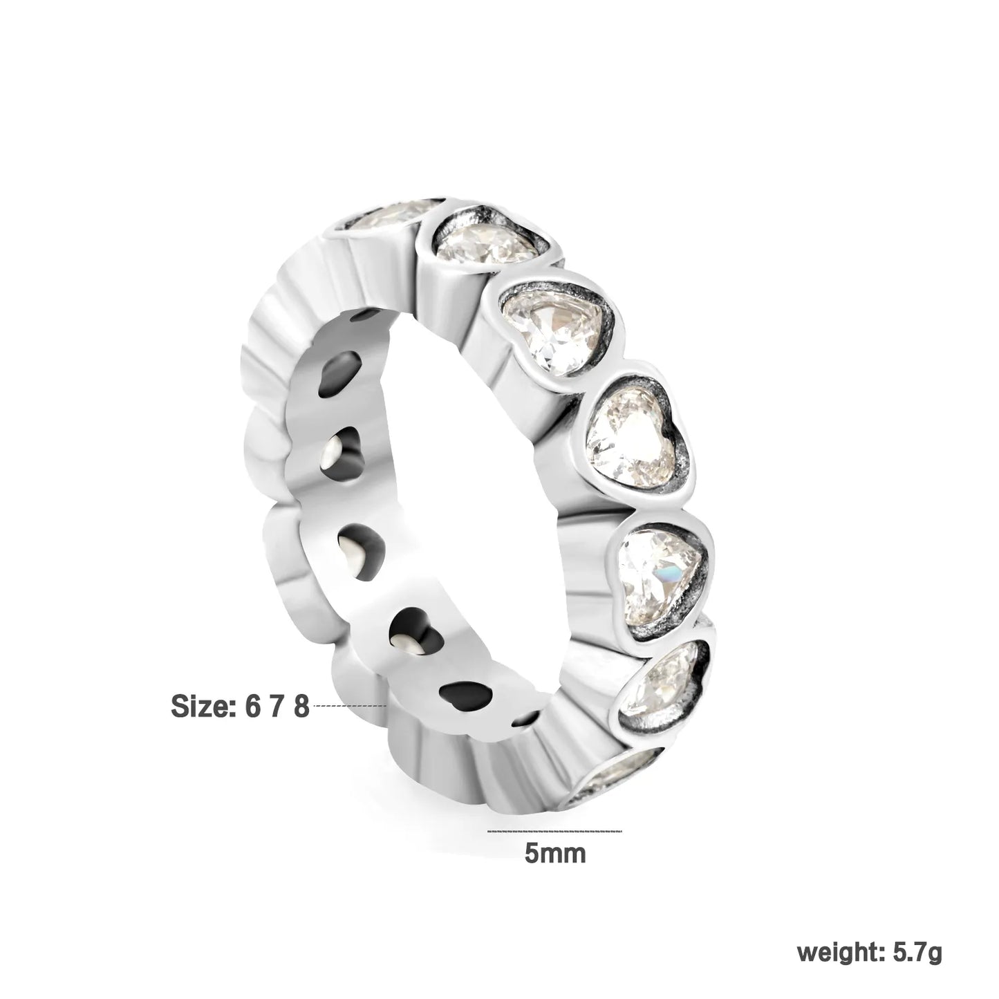 Full Eternity Heart Cut CZ Band Ring | 2 Finishes Gold & Silver | Sizes 6/7/8 | 5mm Width | Hypoallergenic Stainless Steel Ring | Wholesale MOQ 12