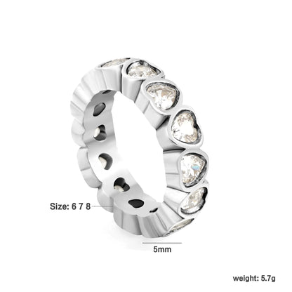 Full Eternity Heart Cut CZ Band Ring | 2 Finishes Gold & Silver | Sizes 6/7/8 | 5mm Width | Hypoallergenic Stainless Steel Ring | Wholesale MOQ 12