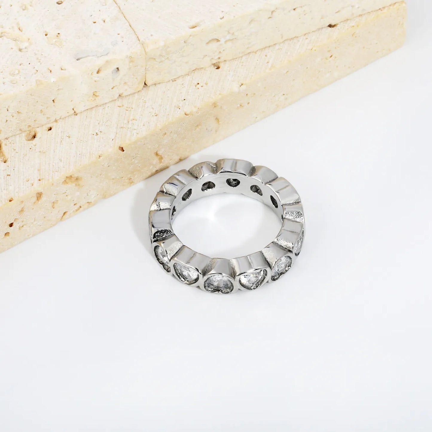 Full Eternity Heart Cut CZ Band Ring | 2 Finishes Gold & Silver | Sizes 6/7/8 | 5mm Width | Hypoallergenic Stainless Steel Ring | Wholesale MOQ 12