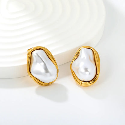 18K Gold Plated Baroque Pearl Wrapped Frame Stud Earrings | Stainless Steel Statement Pearl Stud Earrings | Wholesale MOQ 12